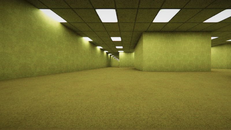 An empty Backrooms corridor with yellow-green walls, damp carpet and ceiling lights stretching into the distance