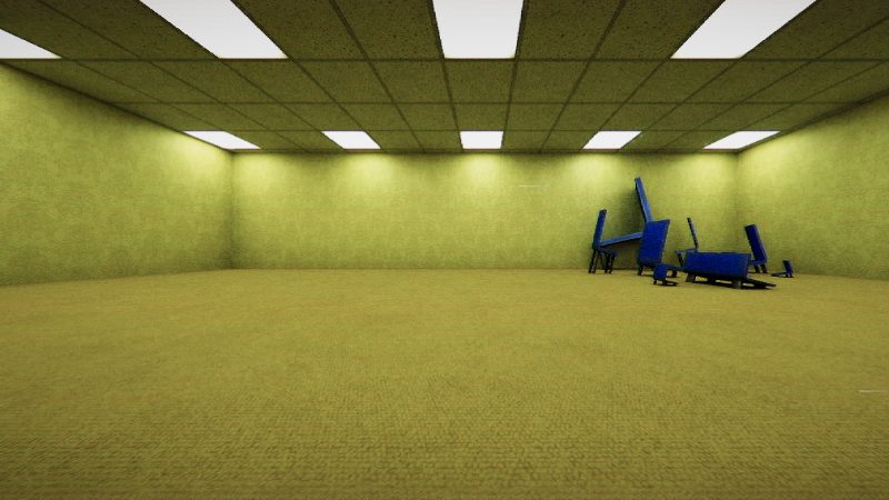 A large yellow Backrooms room with a pile of toppled blue chairs in the far corner